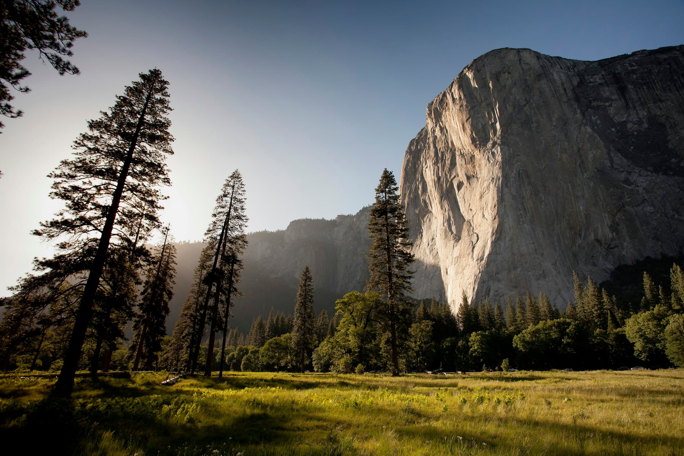 Sunlit mountain valley with evergreen forests, a granite peak, and a bright sky